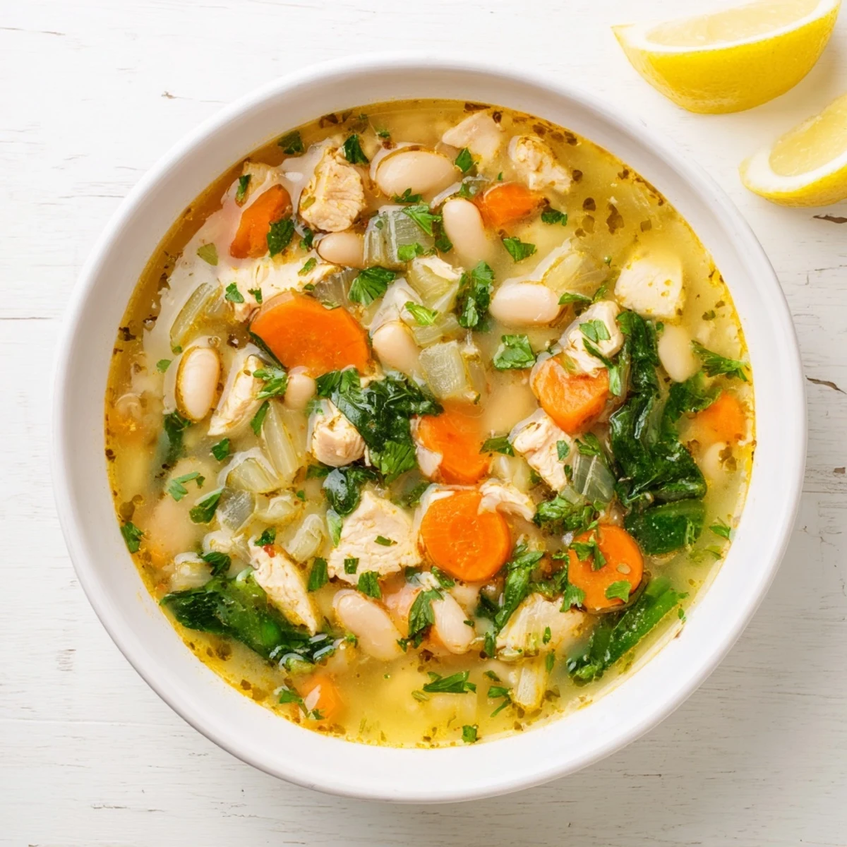 A close-up view of Warm Hearth High Protein Soup, featuring diced chicken, carrots, celery, and herbs in a rustic setting.  