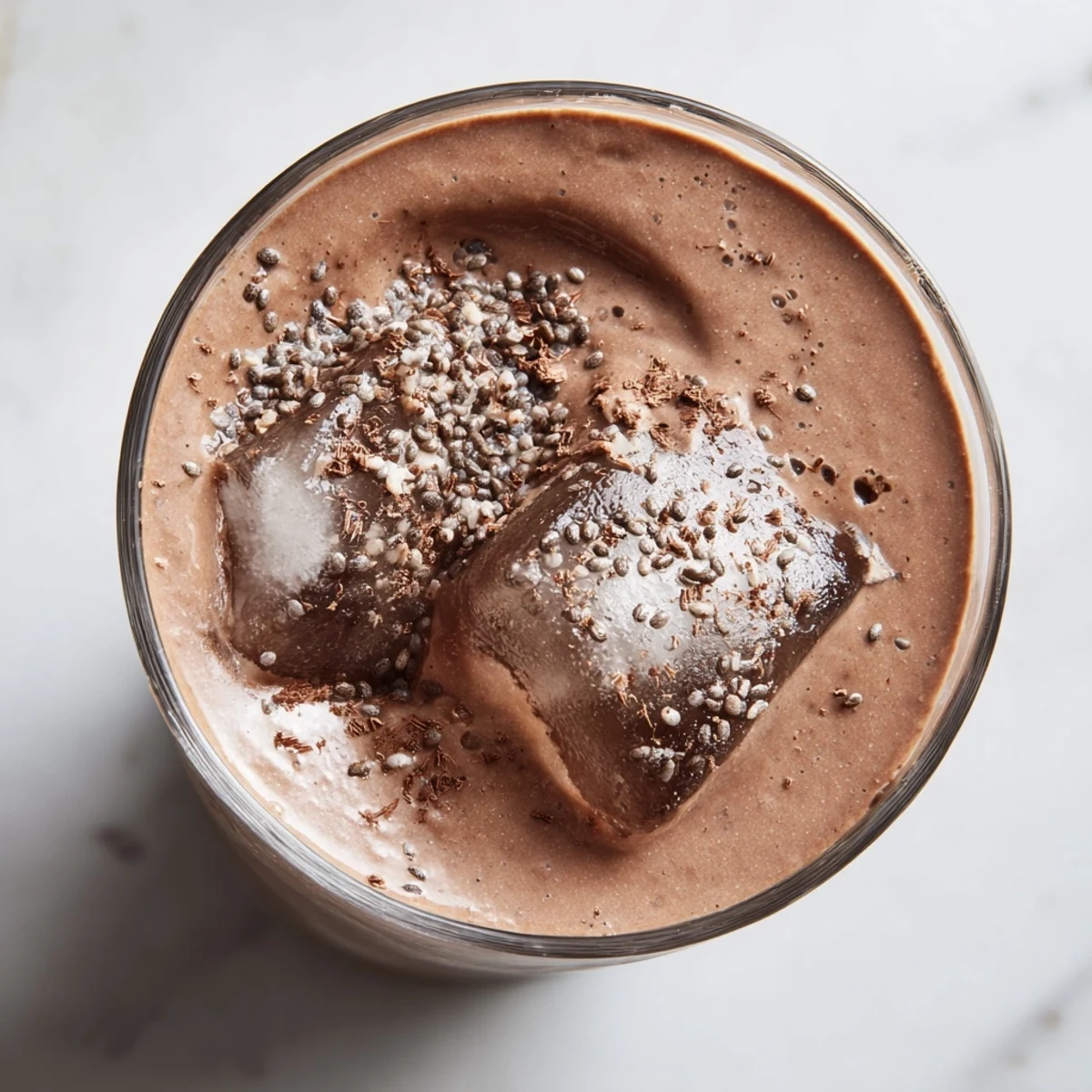 Frosted glass of Snowy Day Keto Smoothie beside cinnamon sticks, showcasing its rich, chocolatey texture and low-carb ingredients.