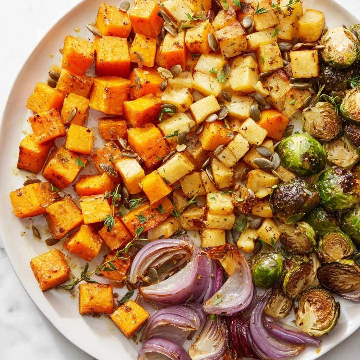 A close-up of Winter Harvest Vegan Side Dish featuring golden roasted butternut squash and crispy Brussels sprouts, garnished with parsley and pumpkin seeds.