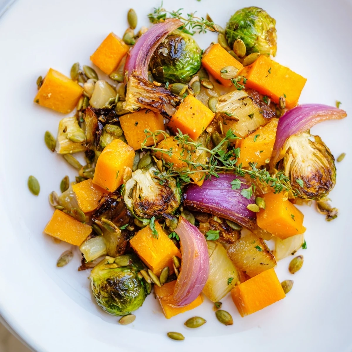 Savory Winter Harvest Vegan Side Dish with tender roasted vegetables and fresh thyme, arranged beautifully for a cozy, wholesome meal accompaniment.