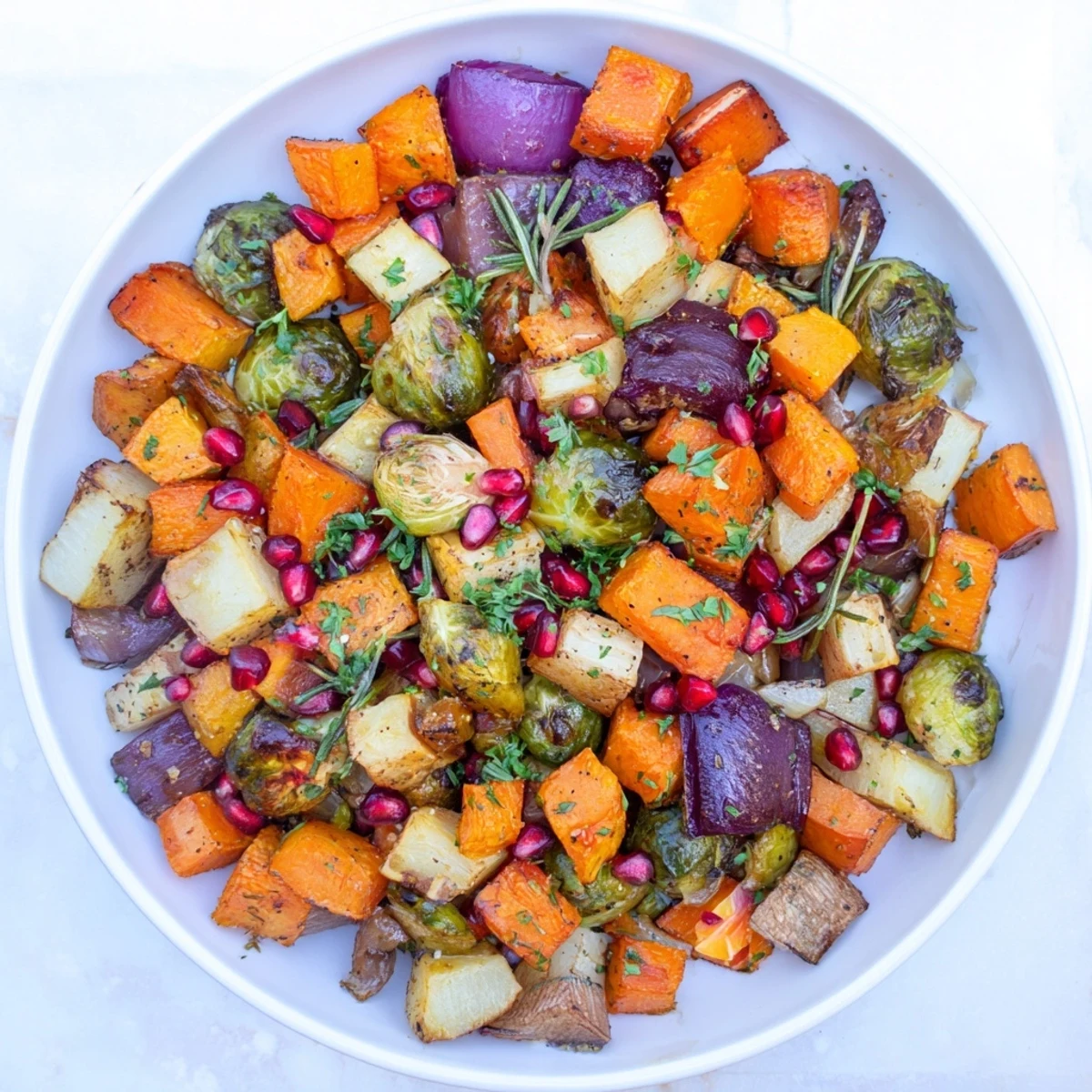 Warm Winter Harvest Paleo Side Dish served from a rustic baking sheet, featuring caramelized sweet potato and rutabaga wedges alongside fresh thyme sprigs.