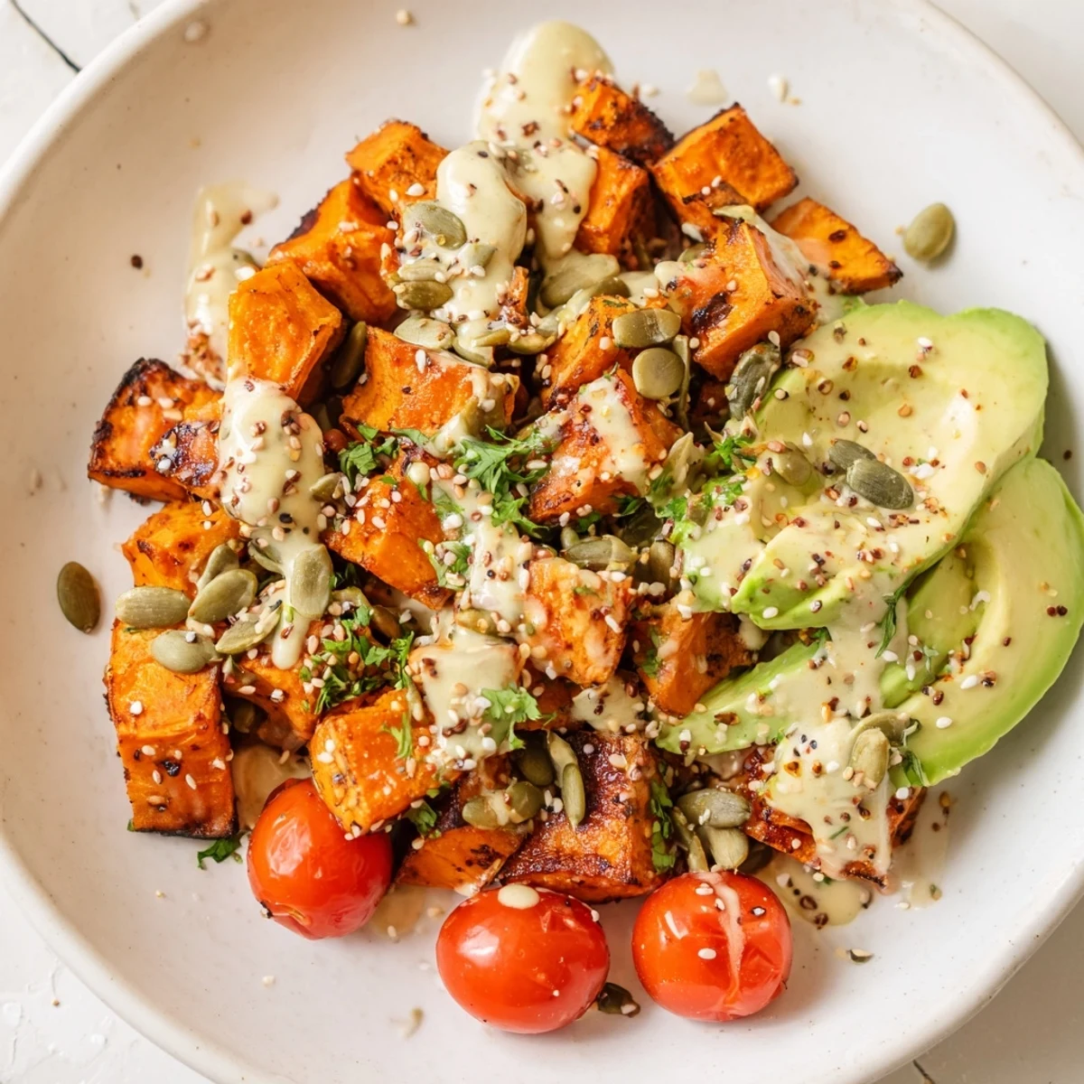 Drizzled with creamy tahini-lemon dressing and topped with crunchy pumpkin seeds, this Solstice Vegan Grain Bowl offers a nourishing, gluten-free meal perfect for lunch or dinner.  