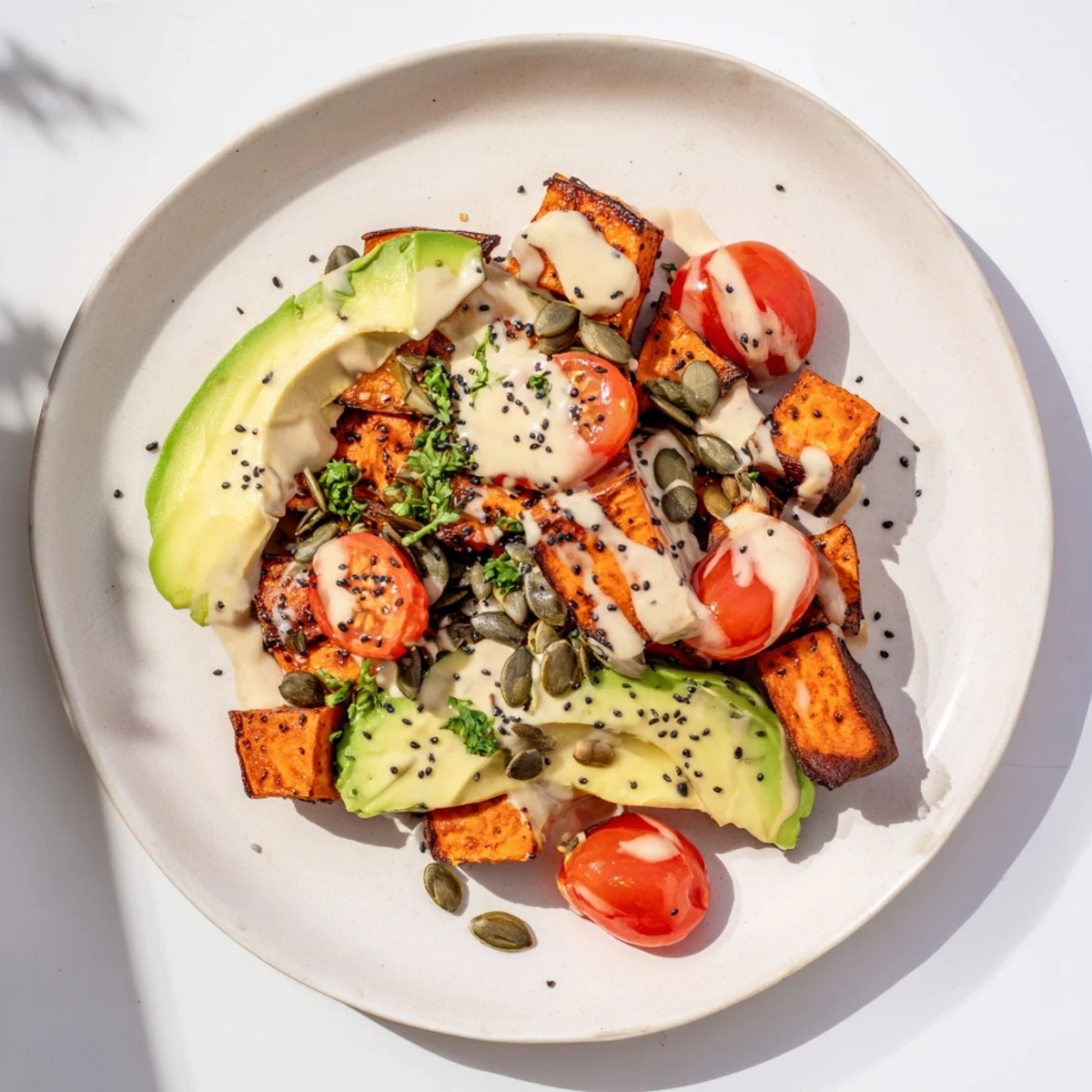 The Solstice Vegan Grain Bowl features colorful layers of chickpeas, spinach, and shredded red cabbage, arranged artfully for a wholesome, plant-based main dish.