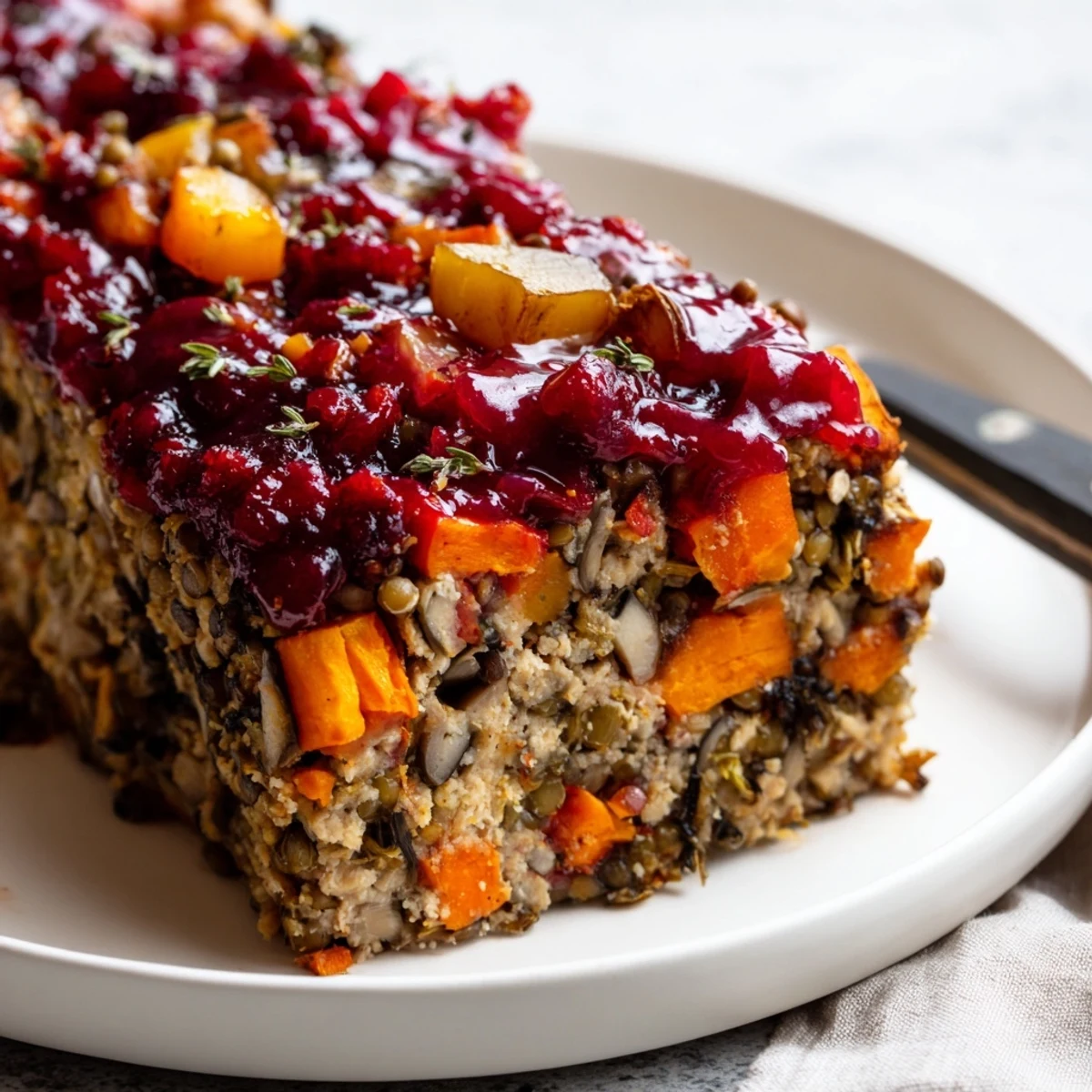 Steaming Winter Wellness Vegan Roast, sliced to reveal hearty lentils, oats, and tender roasted vegetables inside a golden loaf.
