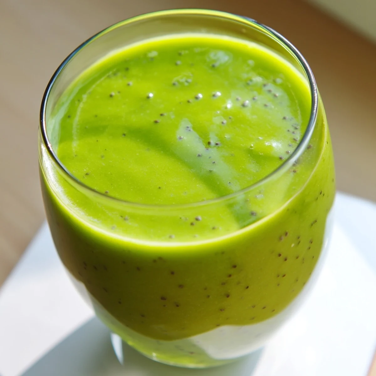 Evergreen High Protein Smoothie in a tall glass, with swirls of almond butter and bright mango chunks visible.