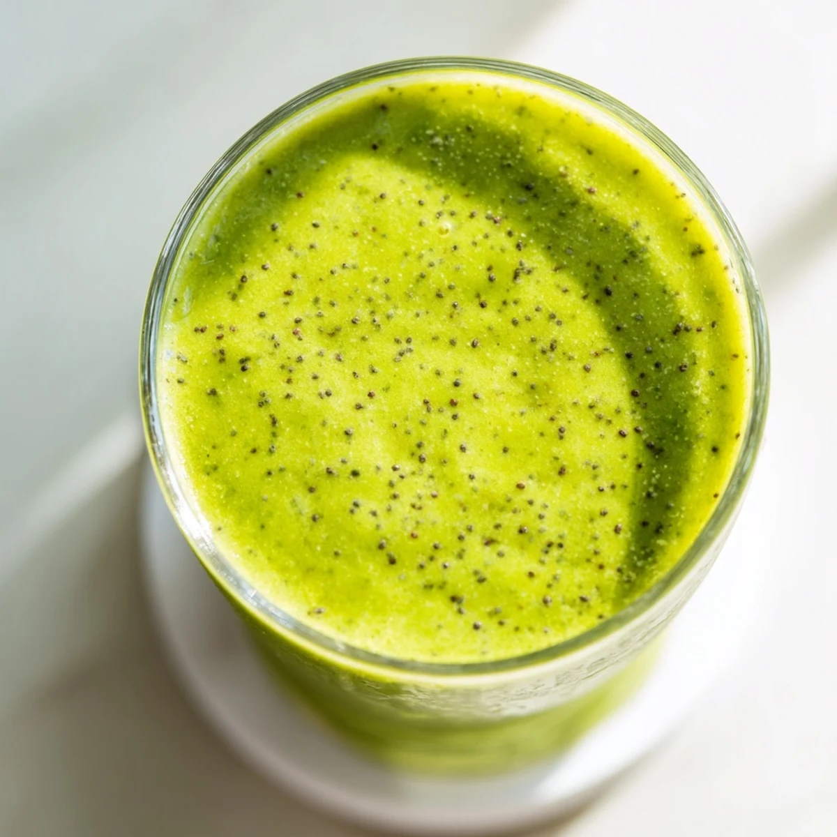 A frosty glass of Evergreen High Protein Smoothie garnished with a banana slice and drizzled with honey.