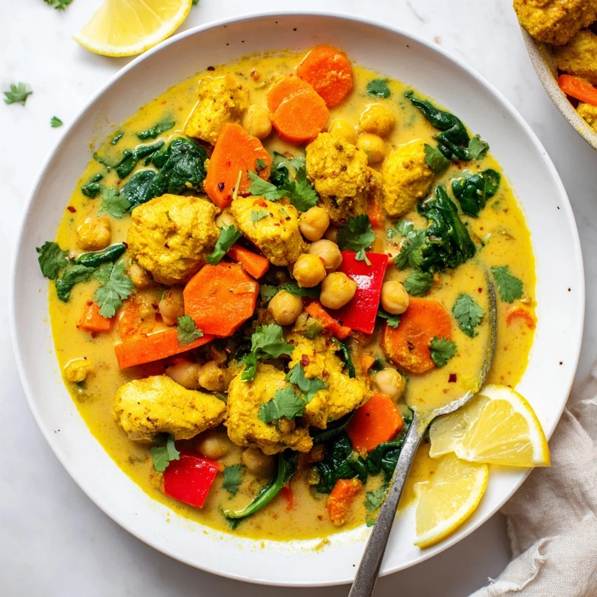 Vibrant bowl of Fireside High Protein Curry simmering with tender chicken, chickpeas, and spinach in a spiced coconut broth.  