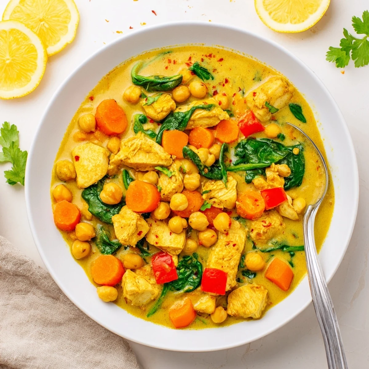 A comforting steaming bowl of Fireside High Protein Curry, garnished with cilantro and served alongside fluffy quinoa.  