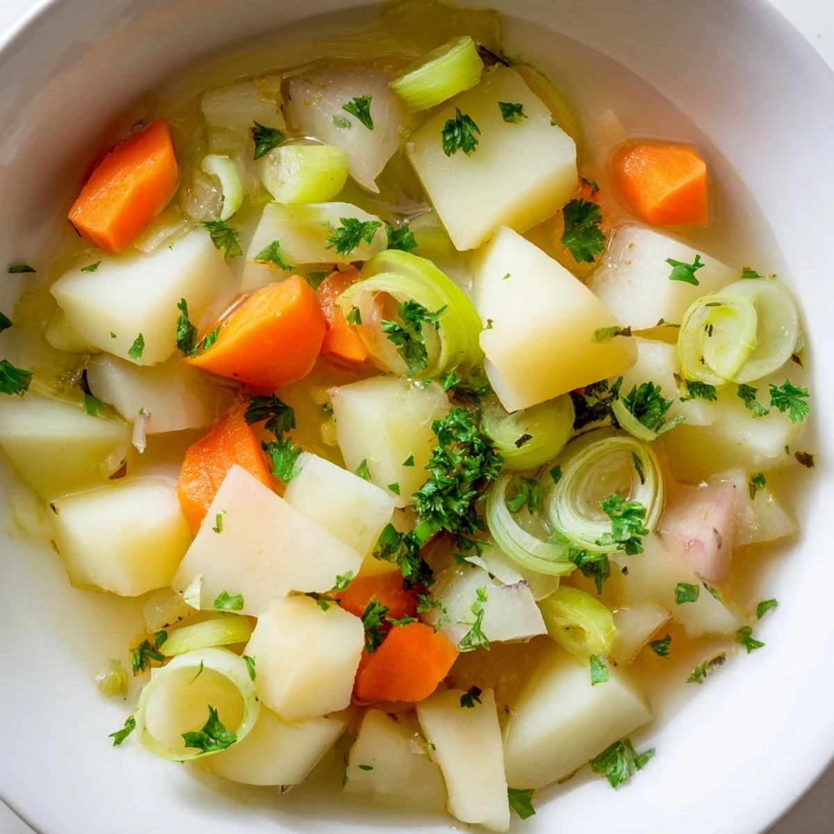 A ladle serving Frosty Morning Low Fat Soup from a pot, surrounded by fresh vegetables and herbs for a cozy morning meal.