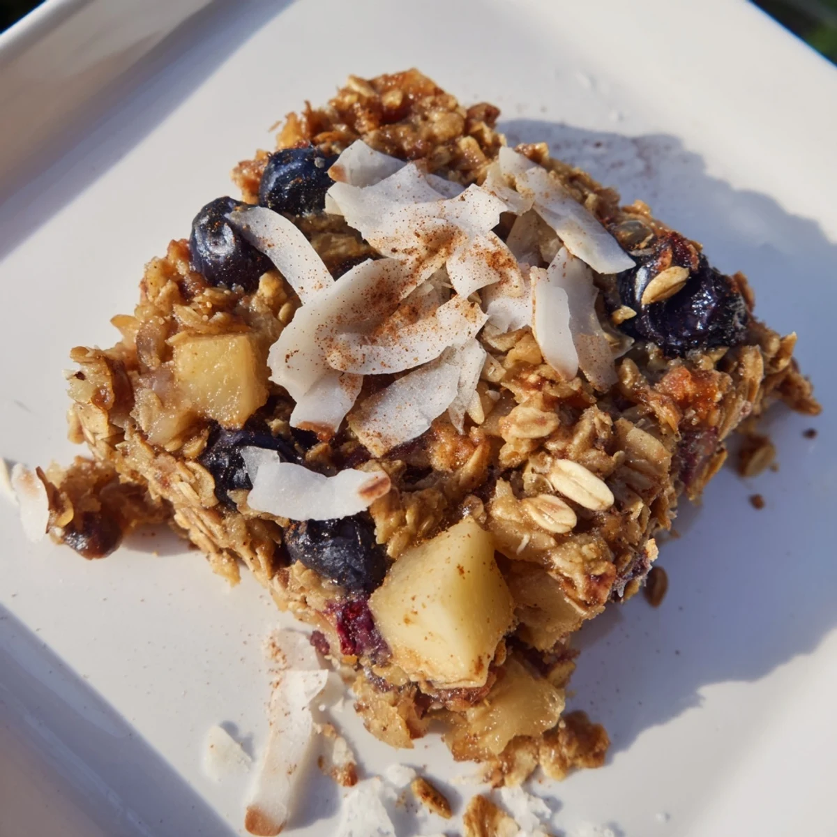 A slice of Frosty Morning Vegan Bake on a plate, topped with vegan yogurt and maple syrup.