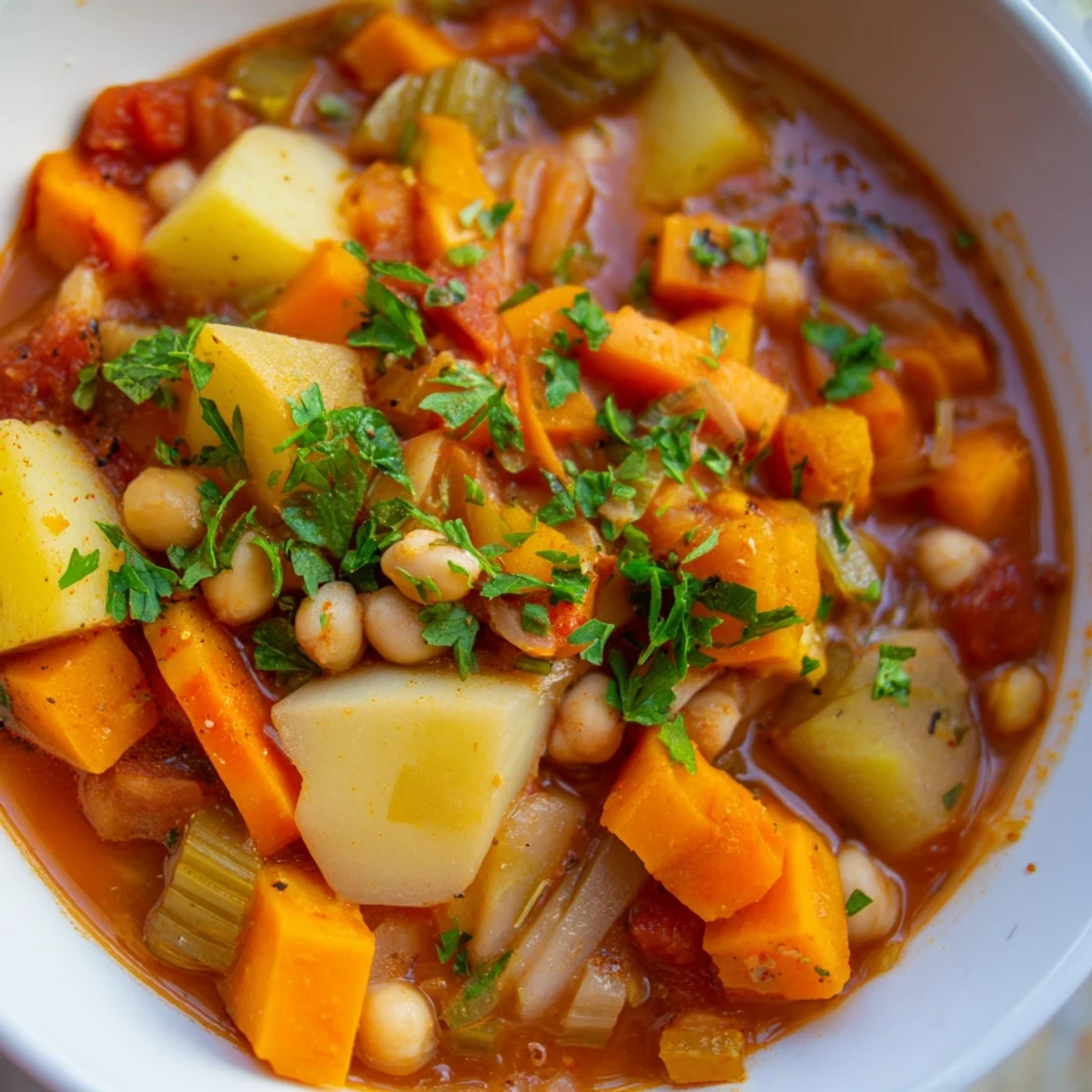 Steaming bowl of Warm Hearth Vegan Stew served with crusty bread.