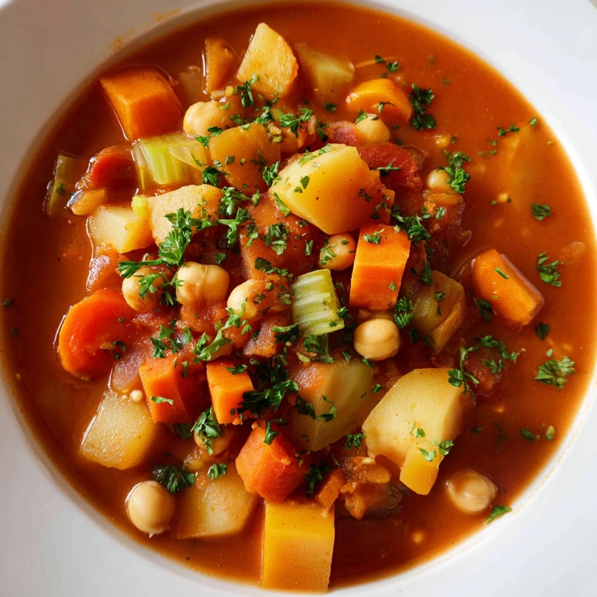 Comforting ladle of homemade vegan stew garnished with fresh parsley.