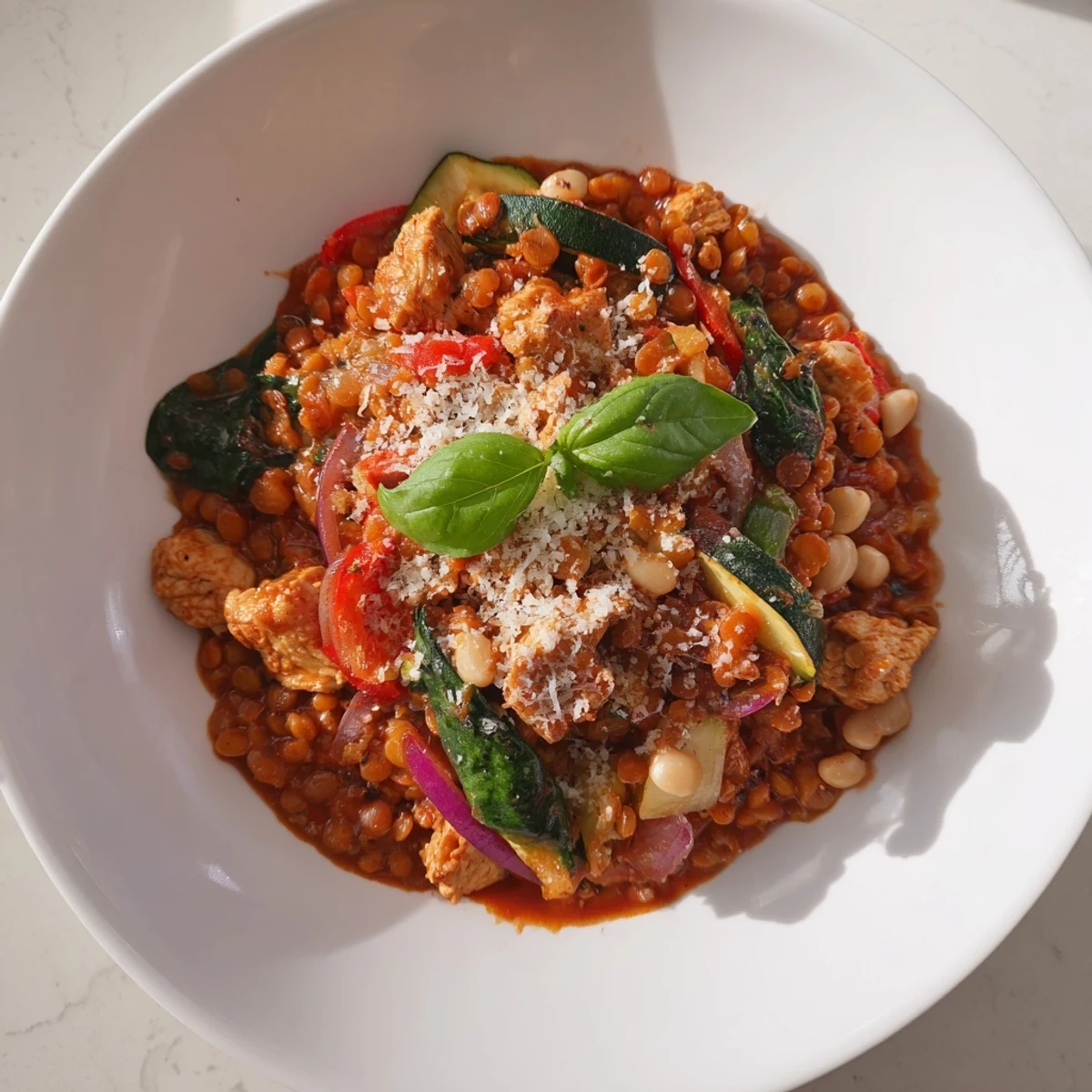 Cheesy Fireside High Protein Pasta served in skillet, topped with fresh basil leaves.