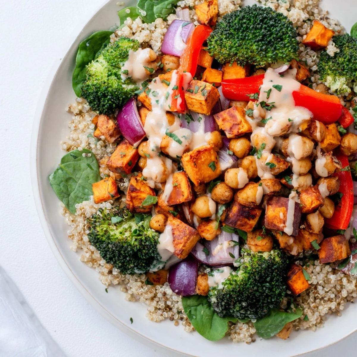 Enjoy Fireside Low Fat Grain Bowl, served over baby spinach with chickpeas, perfect for cozy weeknight dinners.