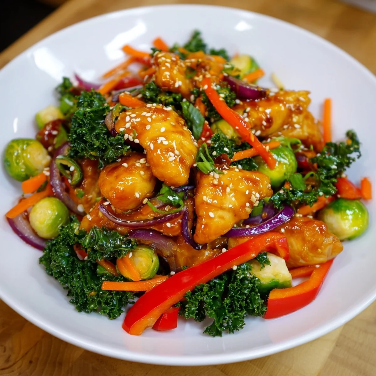 A steaming plate of Winter Harvest Low Fat Stir Fry, featuring crisp broccoli, carrots, and Brussels sprouts, served over brown rice.