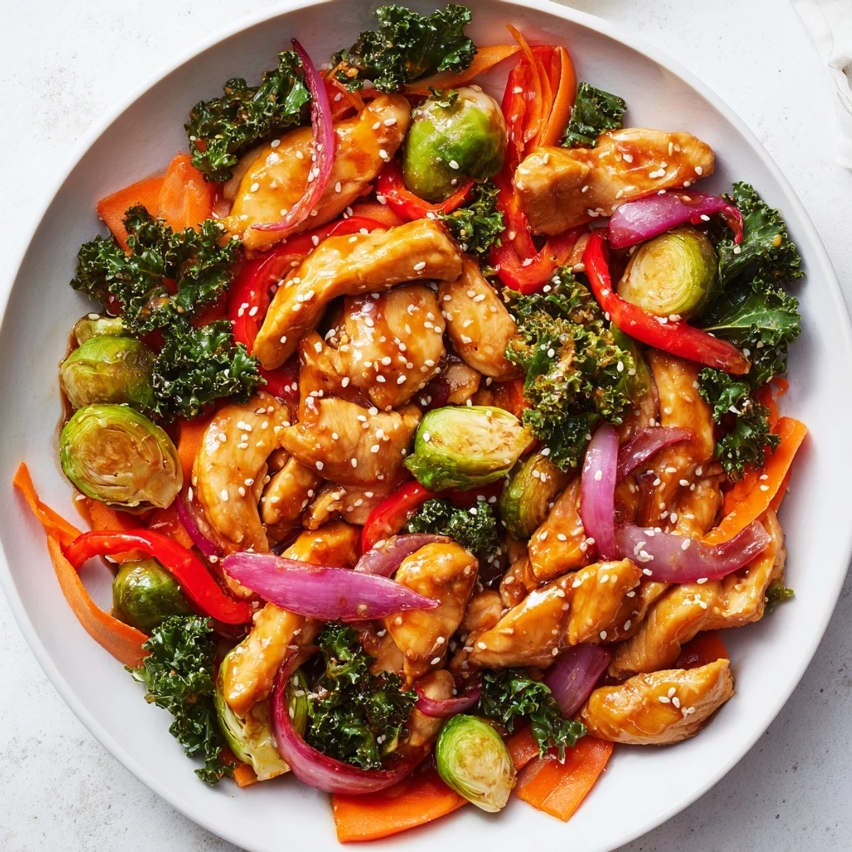 Healthy Winter Harvest Low Fat Stir Fry garnished with sesame seeds and green onions, ready for a light weeknight dinner.
