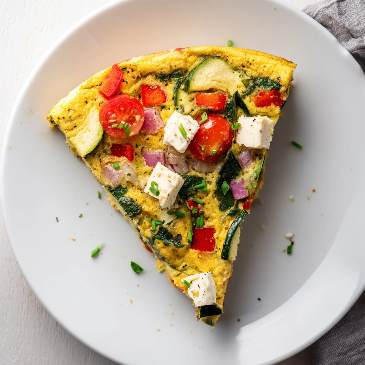 Overhead view of New Year Vegan Frittata in a skillet, featuring colorful zucchini and halved cherry tomatoes baked inside.