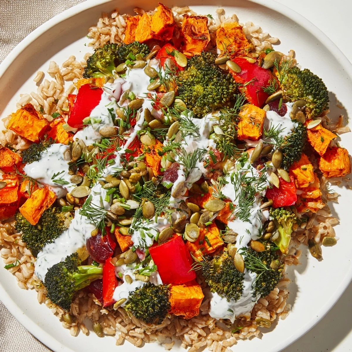 A bowl of Warm Hearth Low Fat Grain Bowl topped with toasted pumpkin seeds and chives.