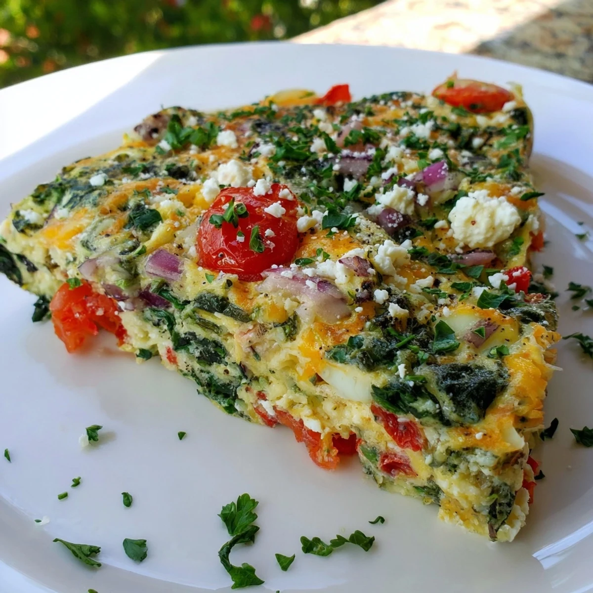 Steam rises from a slice of Frosty Morning Low Carb Frittata revealing vibrant spinach and red bell peppers.
