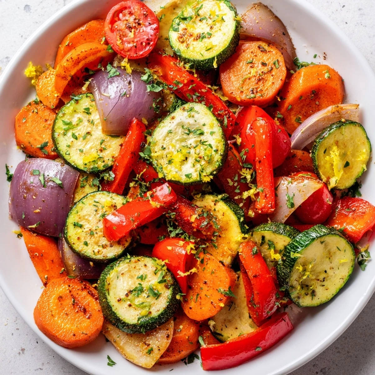 Fork-tender zucchini and red onion wedges from the Cozy Evening Low Fat Roasted Vegetable Medley garnished with fresh parsley and lemon zest. 