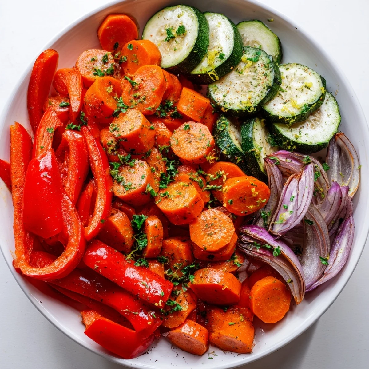 Colorful Cozy Evening Low Fat Roasted Vegetable Medley served warm, ideal for pairing with grilled chicken or fish on a cozy evening.