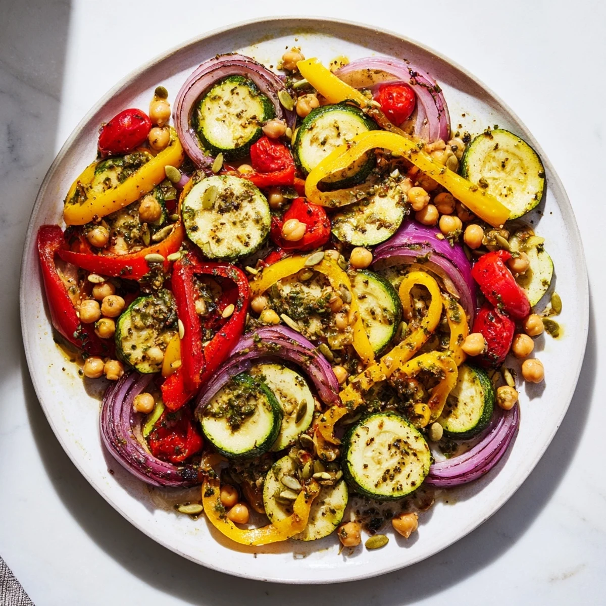A vibrant bowl of the Chilly Breeze Vegan Main Dish with crispy chickpeas and fresh cherry tomatoes. 