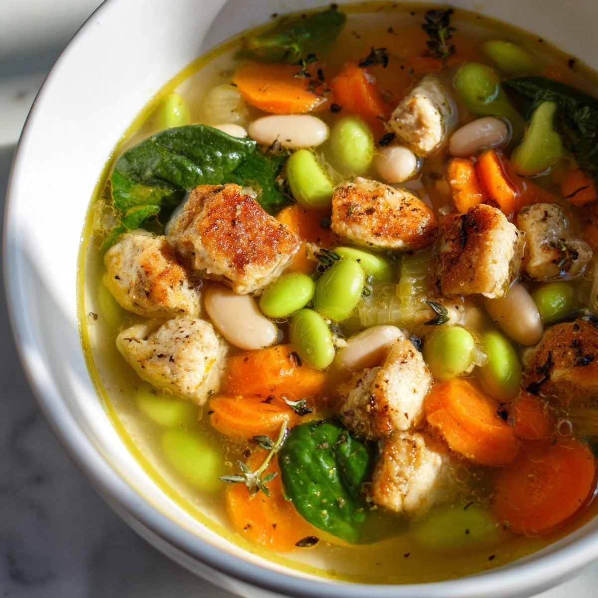 Frosty Morning High Protein Soup with spinach and cannellini beans served in a rustic bowl.