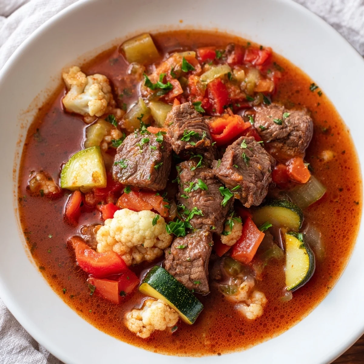 Warm serving of Chilly Breeze Keto Stew beside a slice of keto bread, perfect for a low-carb, cozy cool-weather meal.