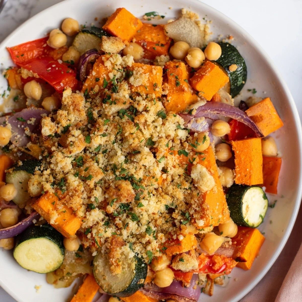 Golden crumb topping on Cozy Evening Vegan Bake with roasted sweet potato, carrots, and chickpeas.