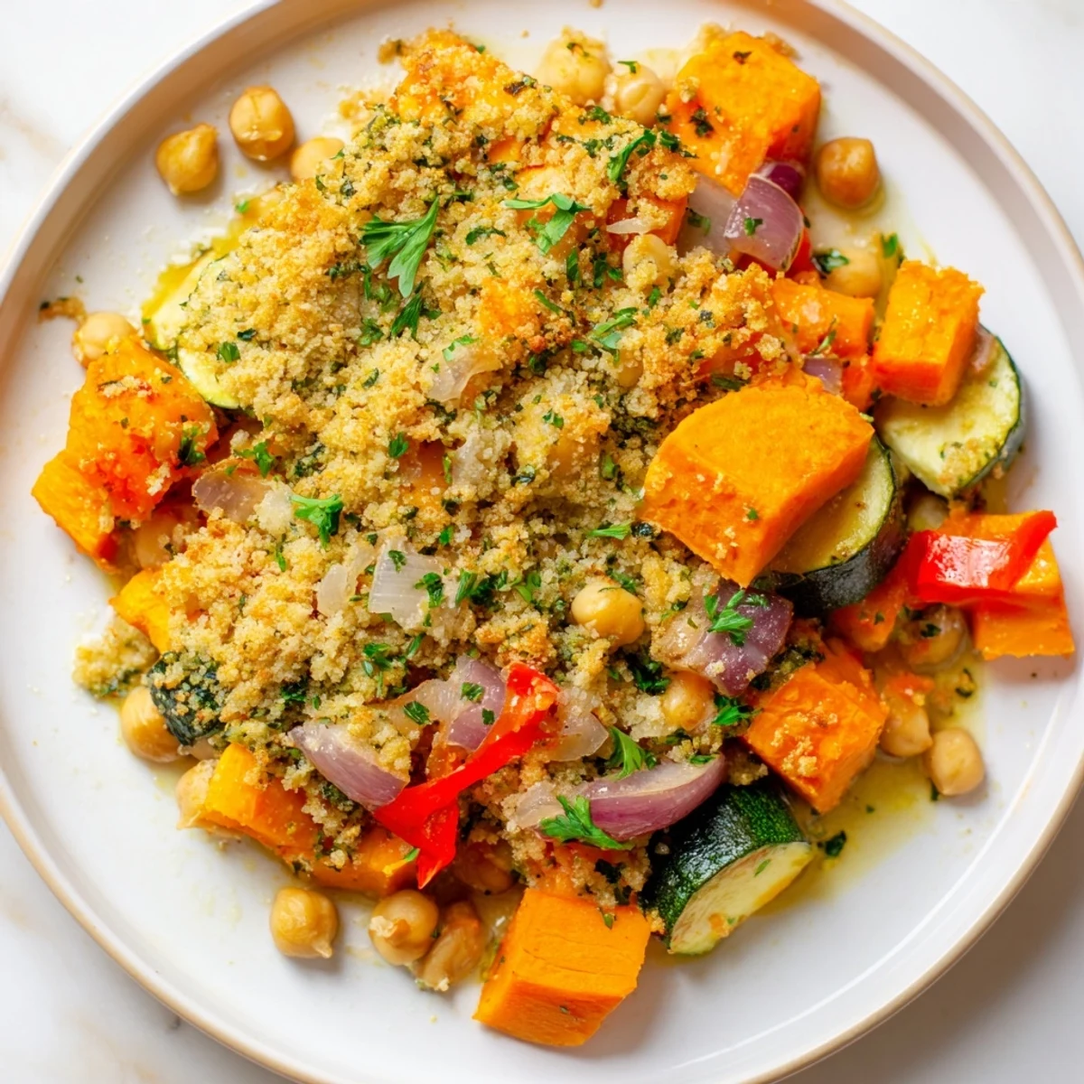 A close-up of Cozy Evening Vegan Bake revealing tender zucchini, red bell pepper, and herbed panko topping.