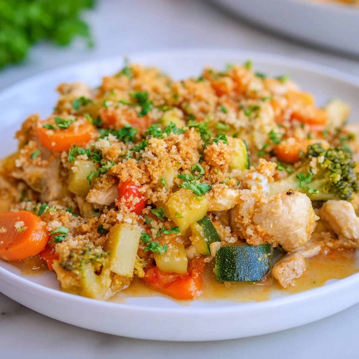 Golden-brown New Year Low Fat Casserole fresh from the oven, topped with toasted breadcrumbs and fresh parsley.