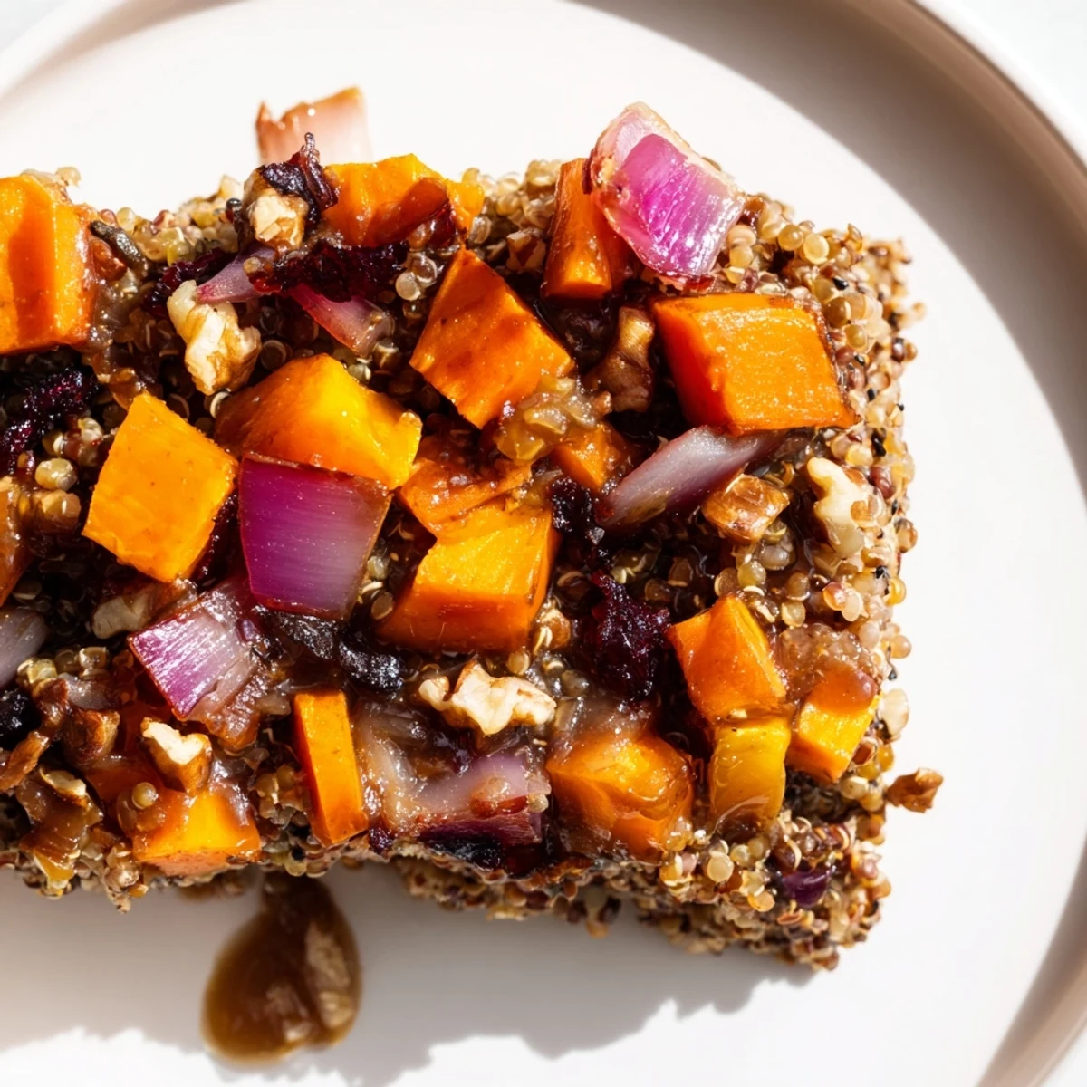 Freshly baked Seasonal Glow Vegan Roast with a glossy balsamic glaze, steaming warmly beside fresh rosemary and thyme.