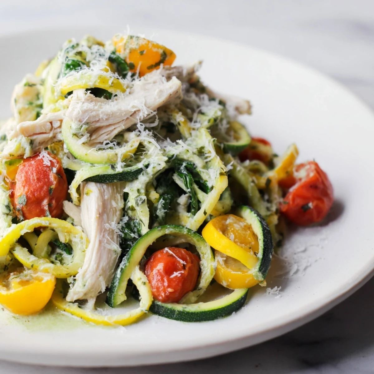 Seasonal Glow Keto Pasta with spiralized zucchini and yellow squash in a creamy, herb-infused sauce, served warm in a rustic bowl.