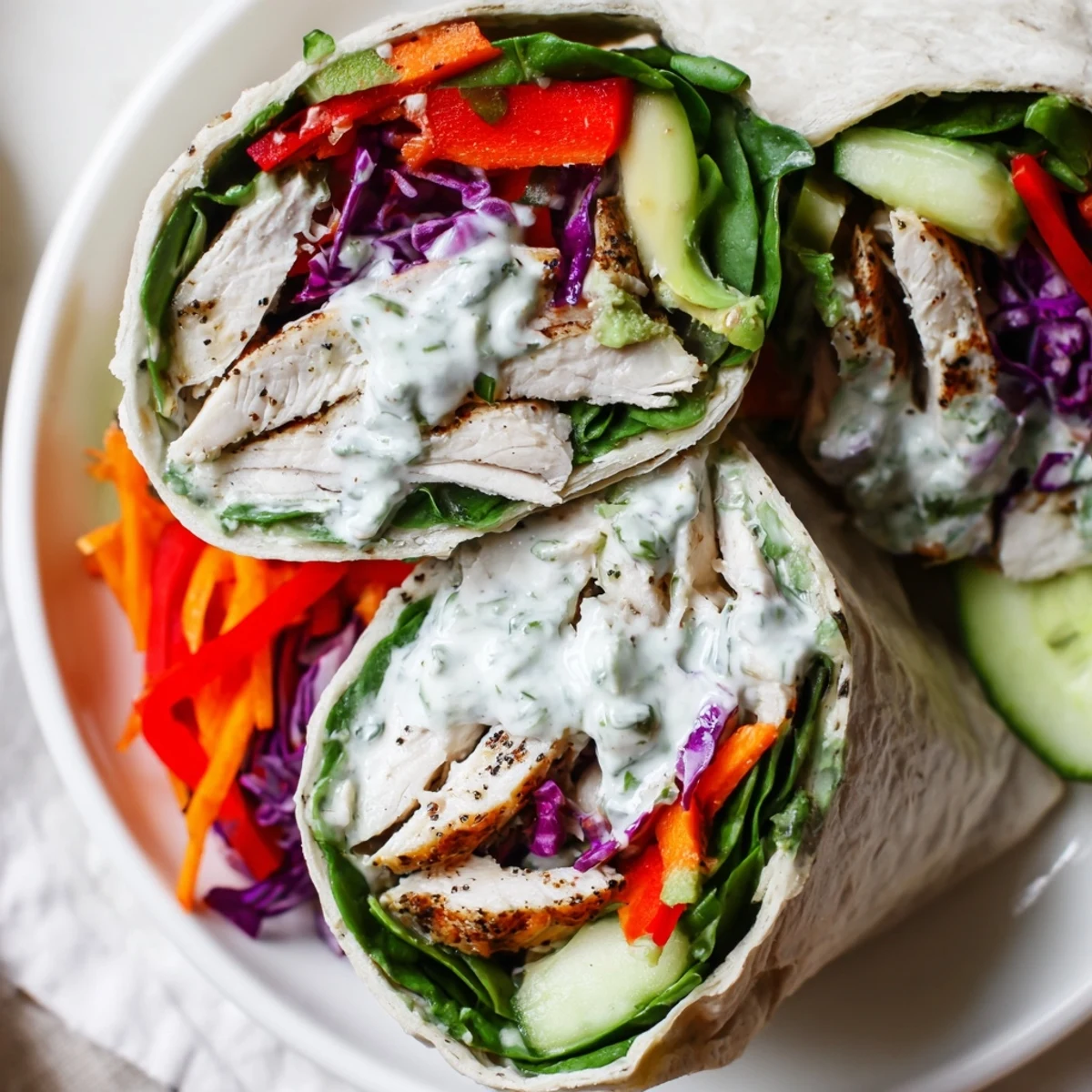 Close-up of a Seasonal Glow Low Carb Wrap on a rustic plate, drizzled with tangy yogurt-herb sauce and garnished with herbs.