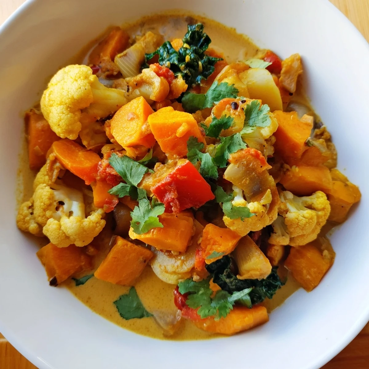 Steam rises from a warm bowl of Winter Harvest Vegan Curry, with tender butternut squash and kale simmering in creamy coconut milk.