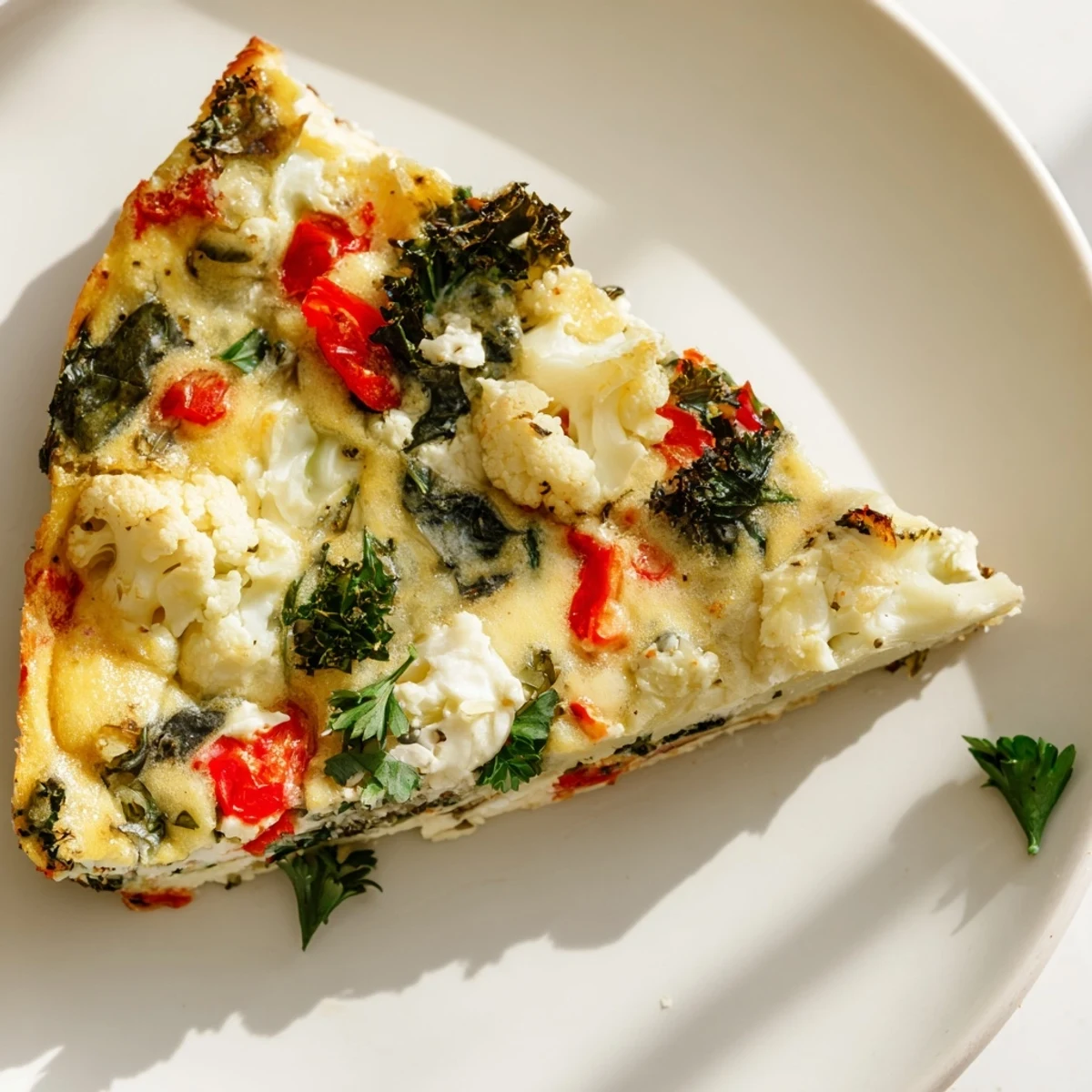 A close-up of the golden-brown Winter Garden Keto Frittata, showcasing fluffy eggs and roasted winter vegetables in a skillet.  