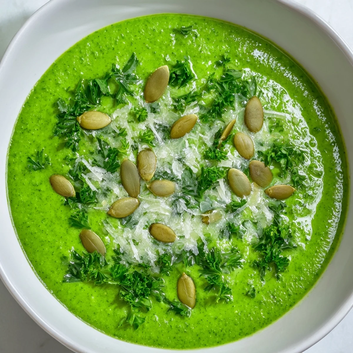 Evergreen Keto Soup is poured from a pot into a white ceramic bowl, revealing its smooth, creamy texture.  