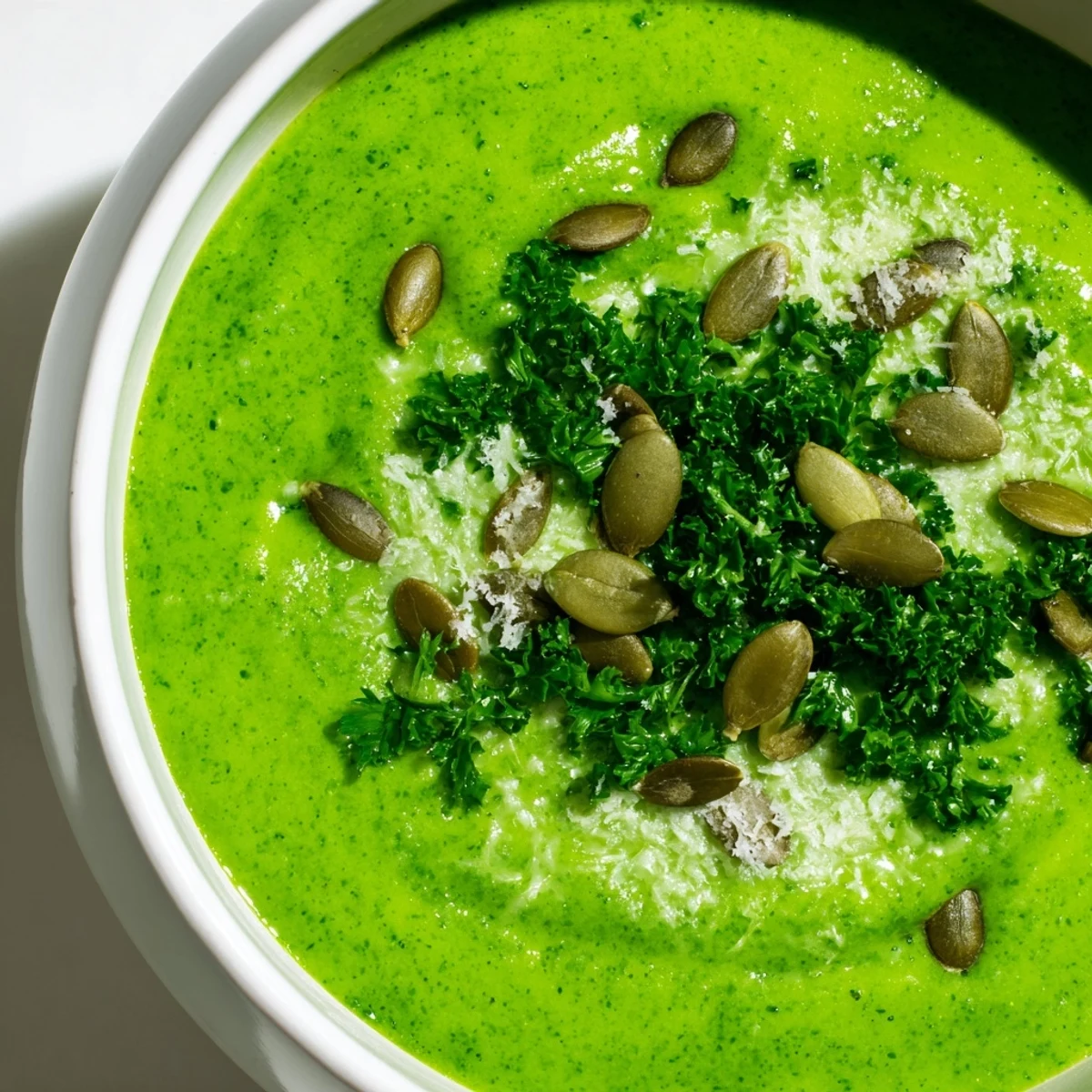 Close-up of Evergreen Keto Soup with a swirl of coconut milk and Parmesan cheese garnish.