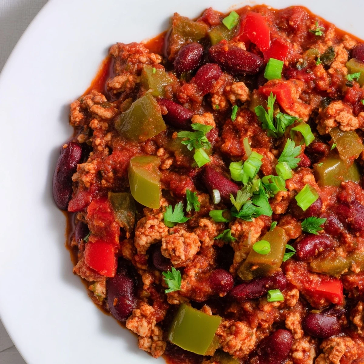 A steaming bowl of Snowy Day Low Fat Chili, garnished with cilantro and a dollop of Greek yogurt, ready to enjoy.