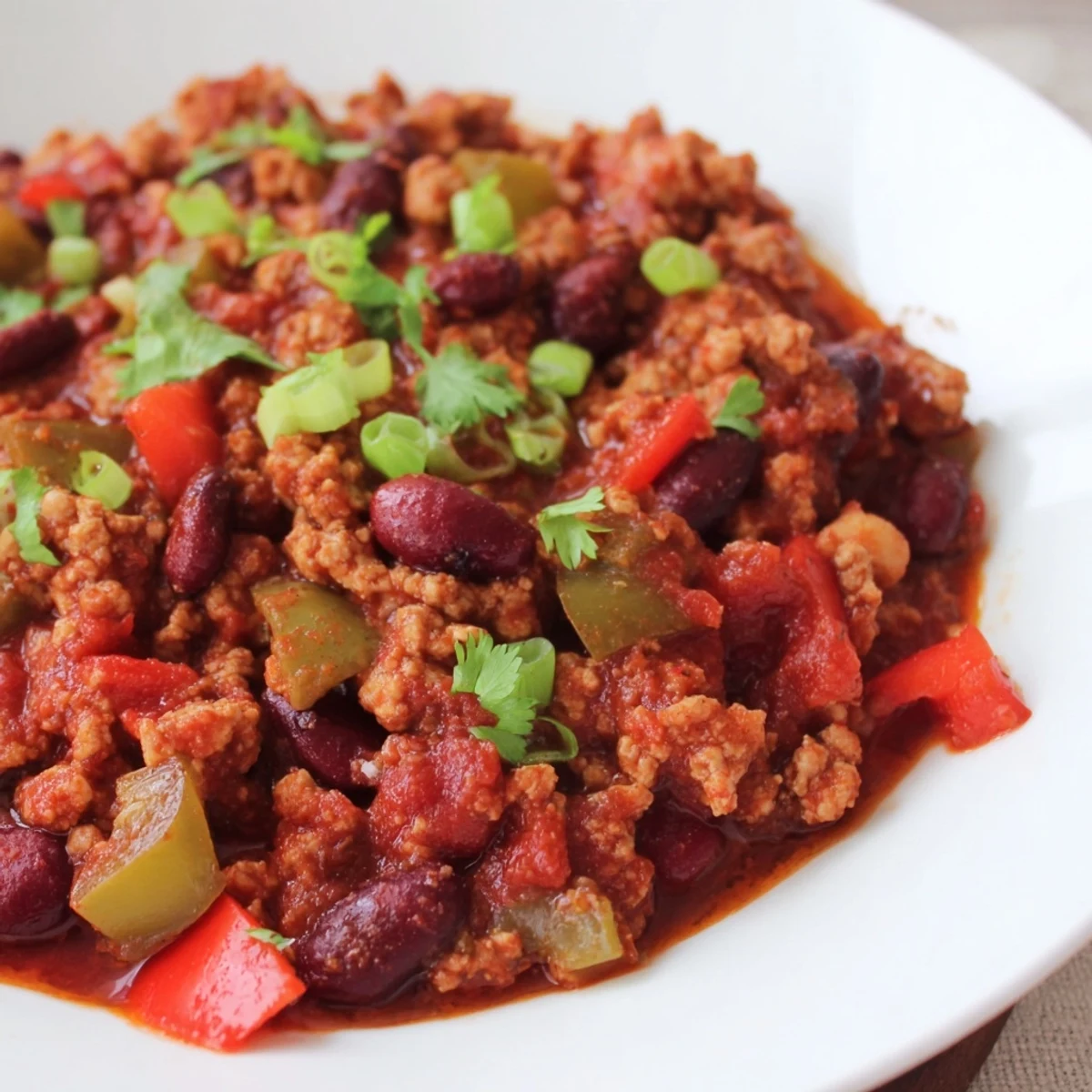 Close-up view of Snowy Day Low Fat Chili in a rustic bowl, showcasing tender turkey and vibrant vegetables.