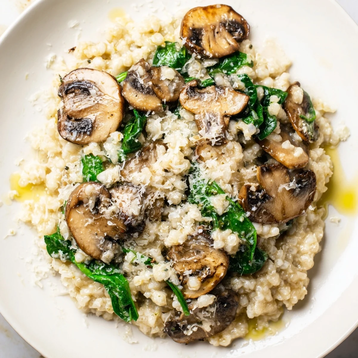 Savory low-carb risotto in a white bowl, garnished with extra Parmesan and olive oil, ready to serve.