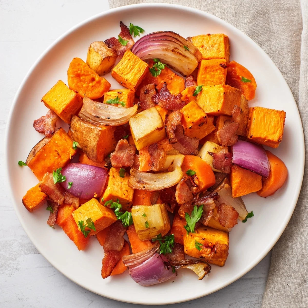 Golden roasted root vegetables with smoky, crispy bacon bits garnished with fresh parsley, served warm.