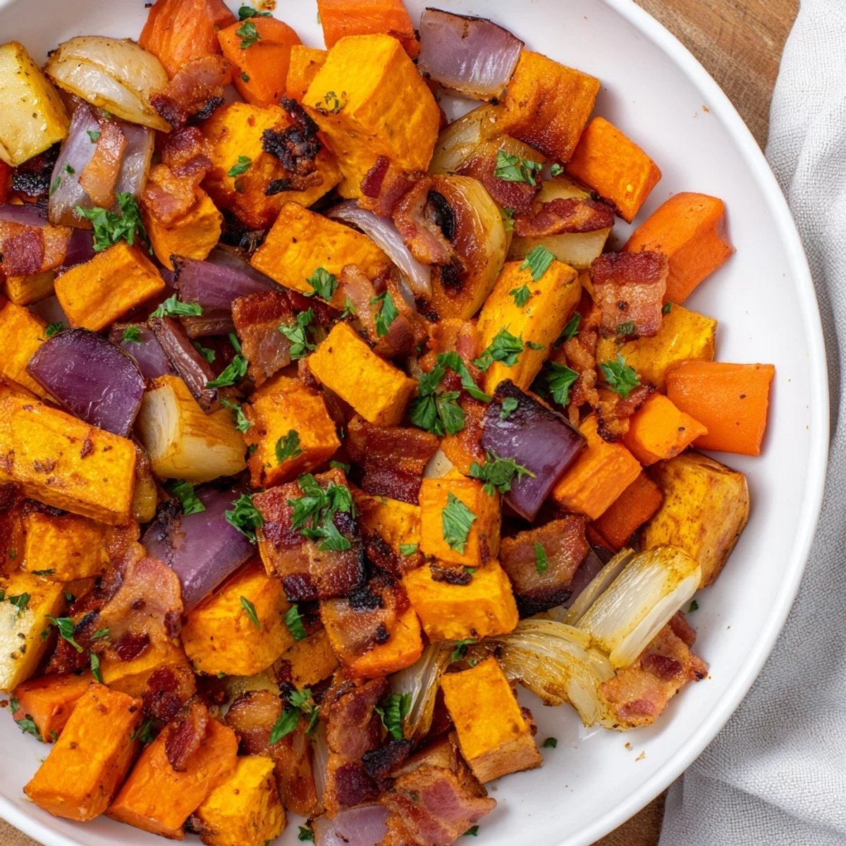 Rustic Fireside Paleo Side Dish with caramelized sweet potatoes and carrots straight from the oven.