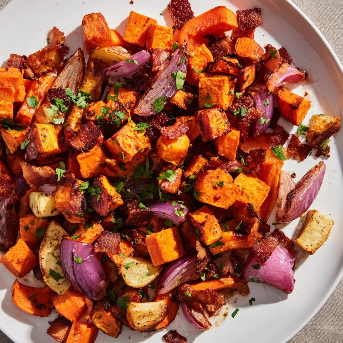Hearty sweet potato and bacon side dish served warm, perfect for a comforting paleo dinner.