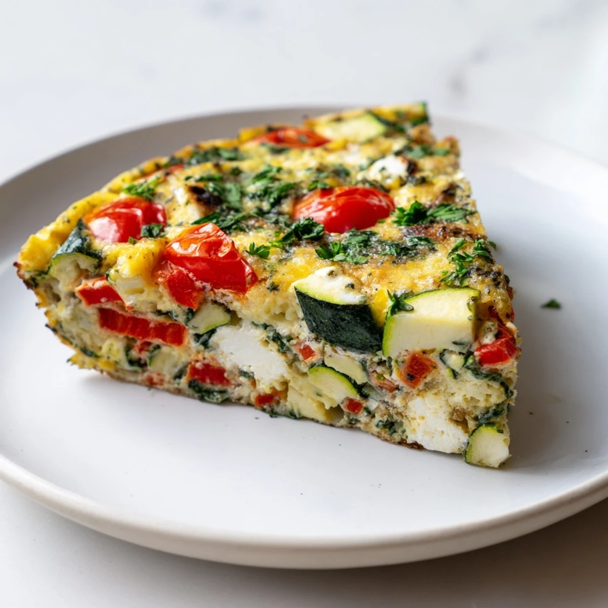 Holiday Market Low Fat Frittata garnished with parsley, featuring red bell peppers and spinach, perfect for a healthy morning meal.