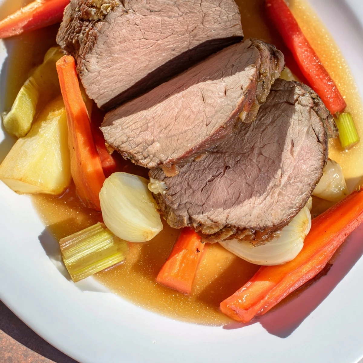 Golden-brown Warm Hearth Low Fat Roast surrounded by caramelized root vegetables in a rustic Dutch oven.