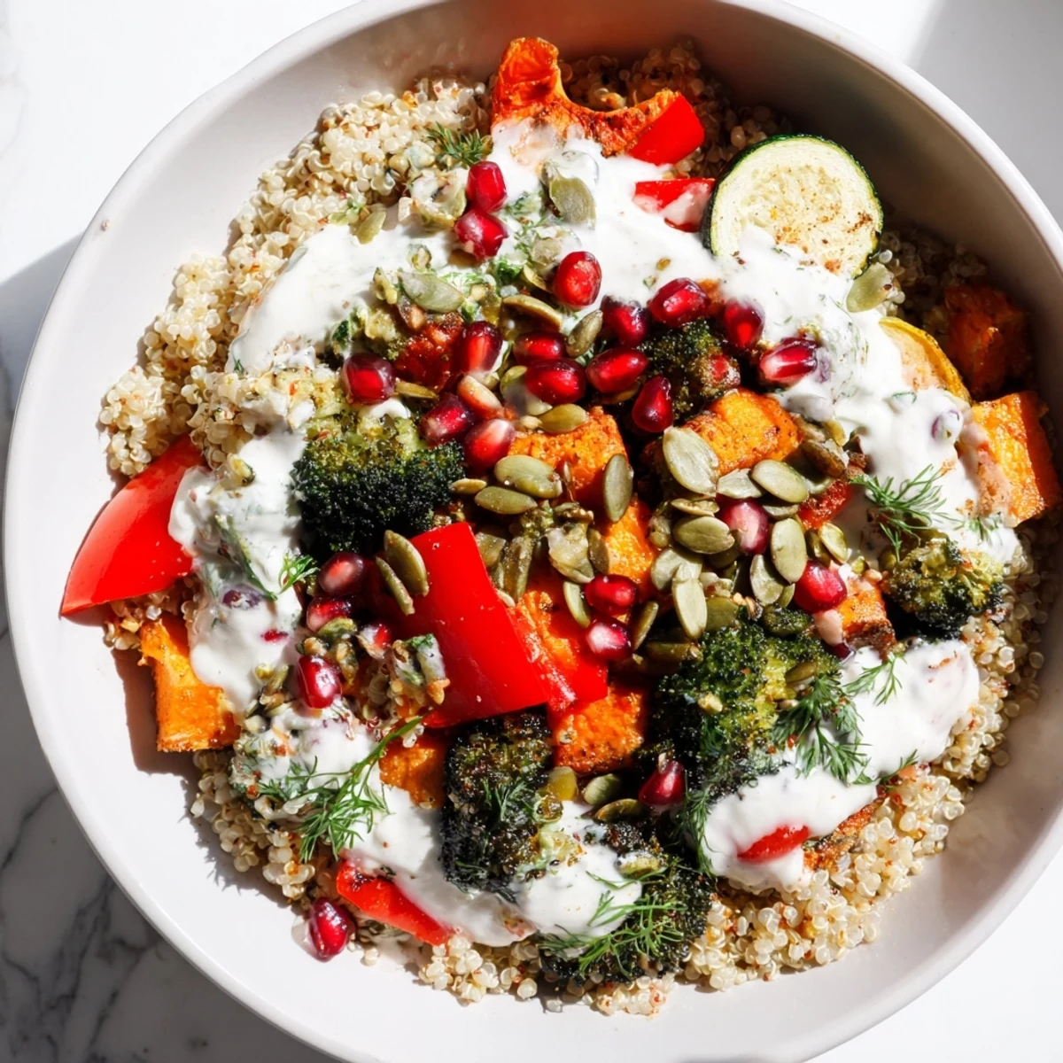 Golden roasted vegetables and crunchy pumpkin seeds top this healthy Cozy Evening Low Fat Bowl, with a vibrant yogurt-herb dressing and fluffy quinoa base for a satisfying meal.