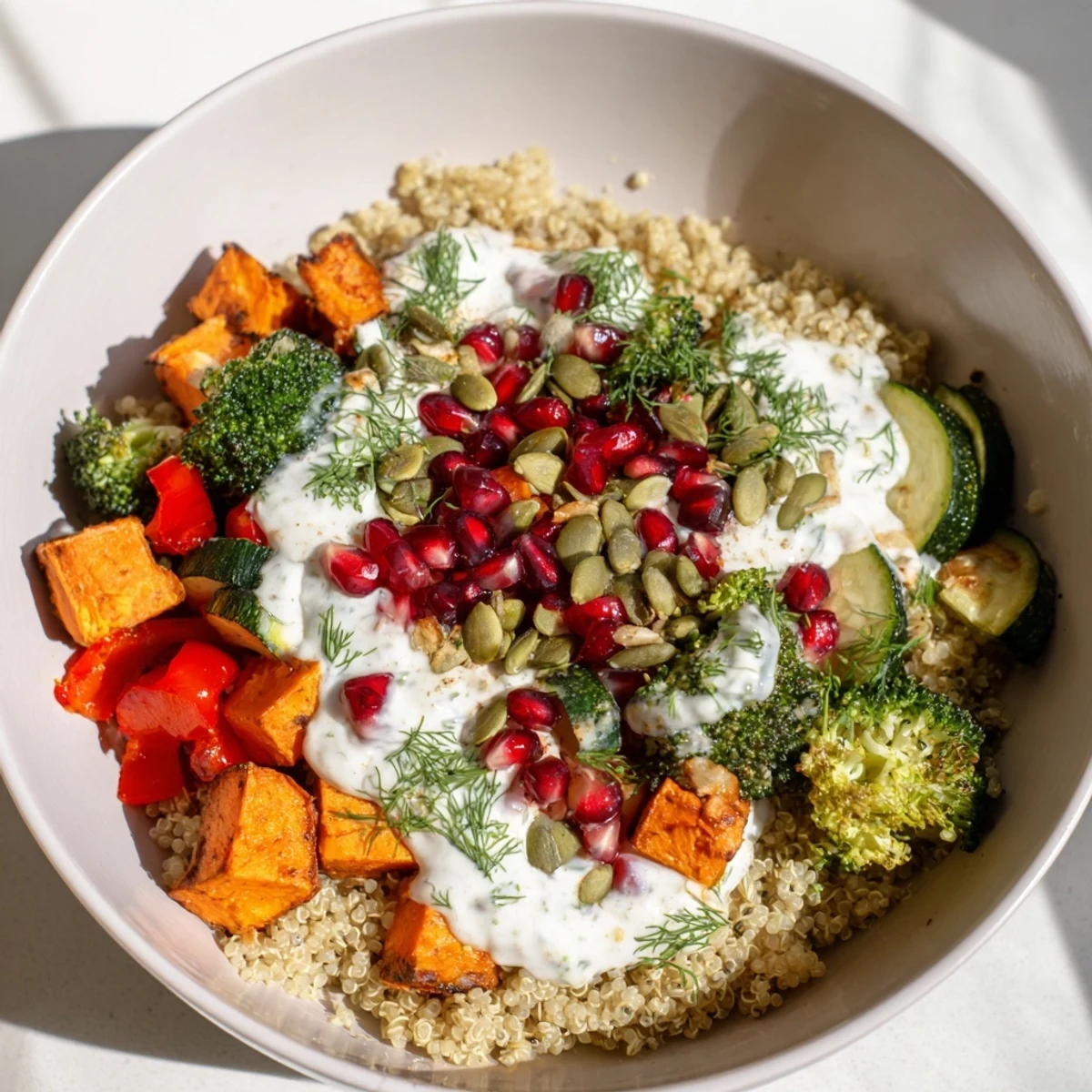 Close-up of a colorful Cozy Evening Low Fat Bowl featuring tender roasted broccoli and zucchini, fresh herb dressing, and pomegranate seeds, ready for a comforting vegetarian dinner.
