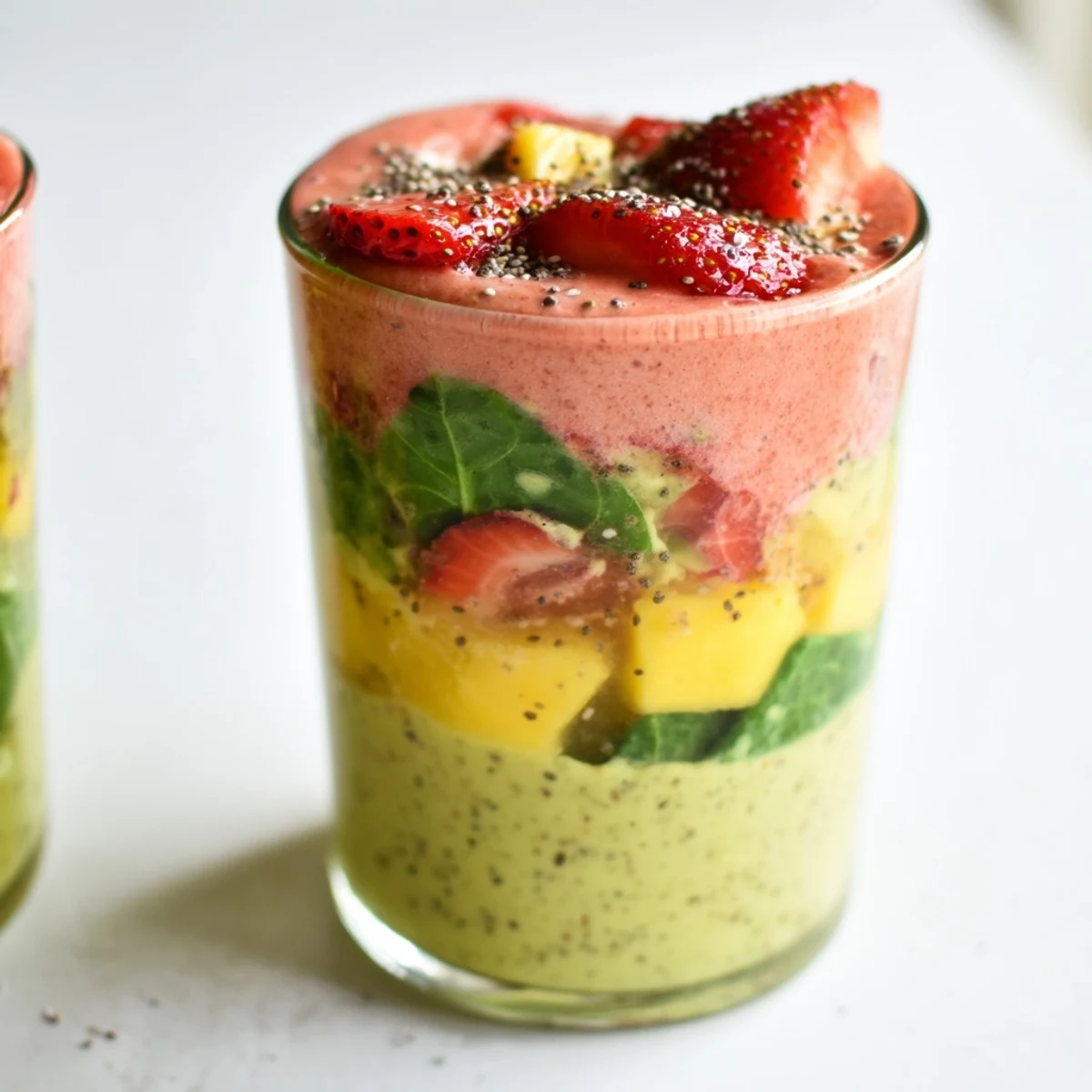 A tall glass of Seasonal Glow Low Fat Smoothie filled with vibrant pink smoothie and topped with chia seeds and a fresh strawberry garnish.  