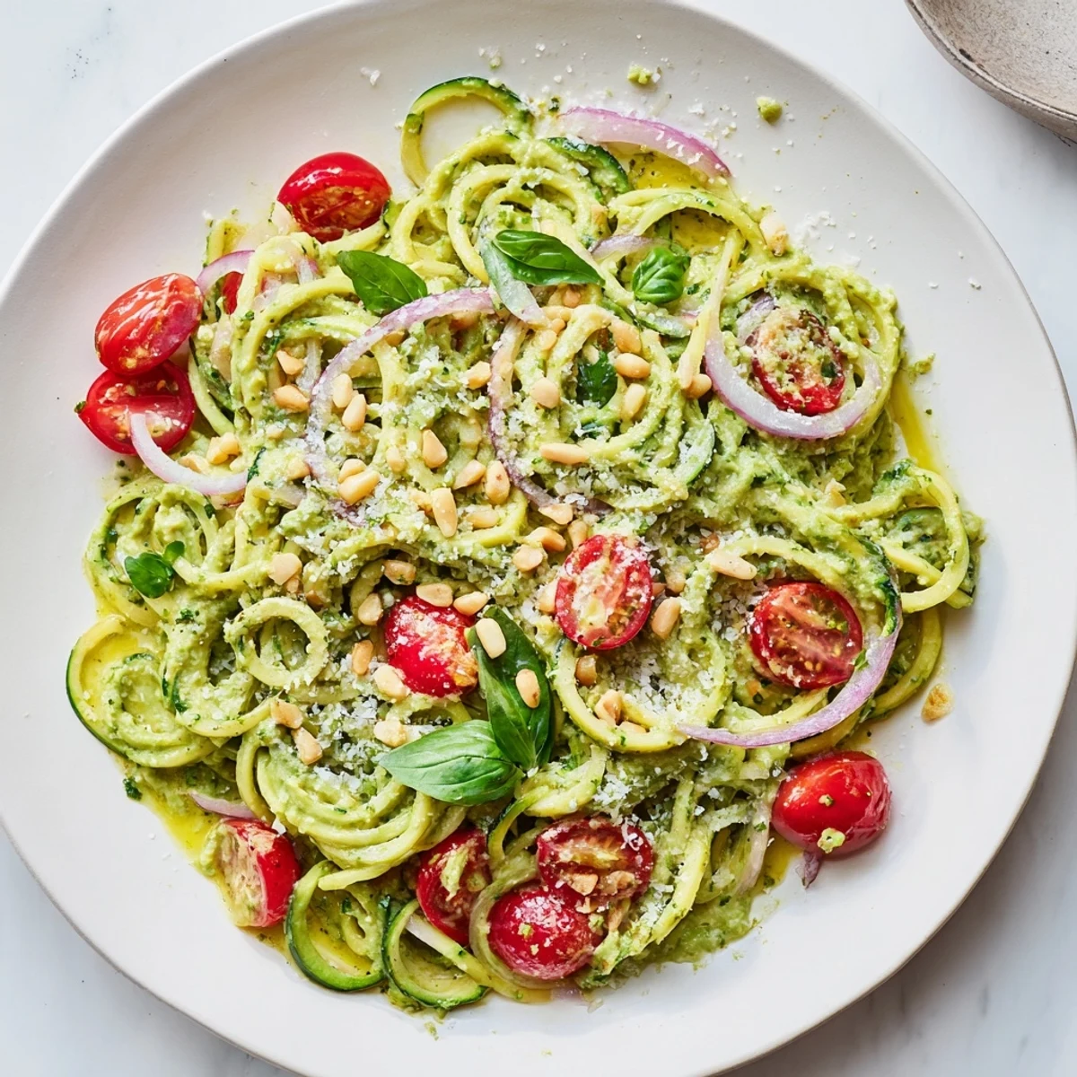 Chilled zucchini noodles tossed in creamy avocado sauce with fresh tomatoes and herbs.  